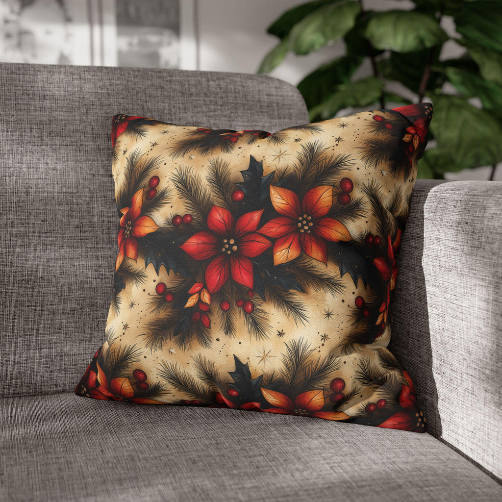 Christmas Poinsettia Pillowcase, Traditional Red and Green  Holiday Festive Home Decor Pillow Cover