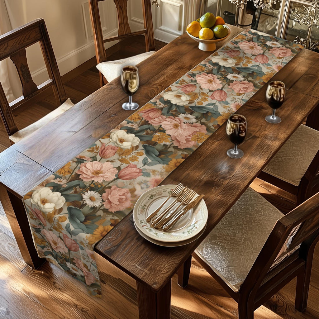 William Morris Inspired Botanical Table Runner: Dusty Rose, Sage, Ochre Autumn Accent