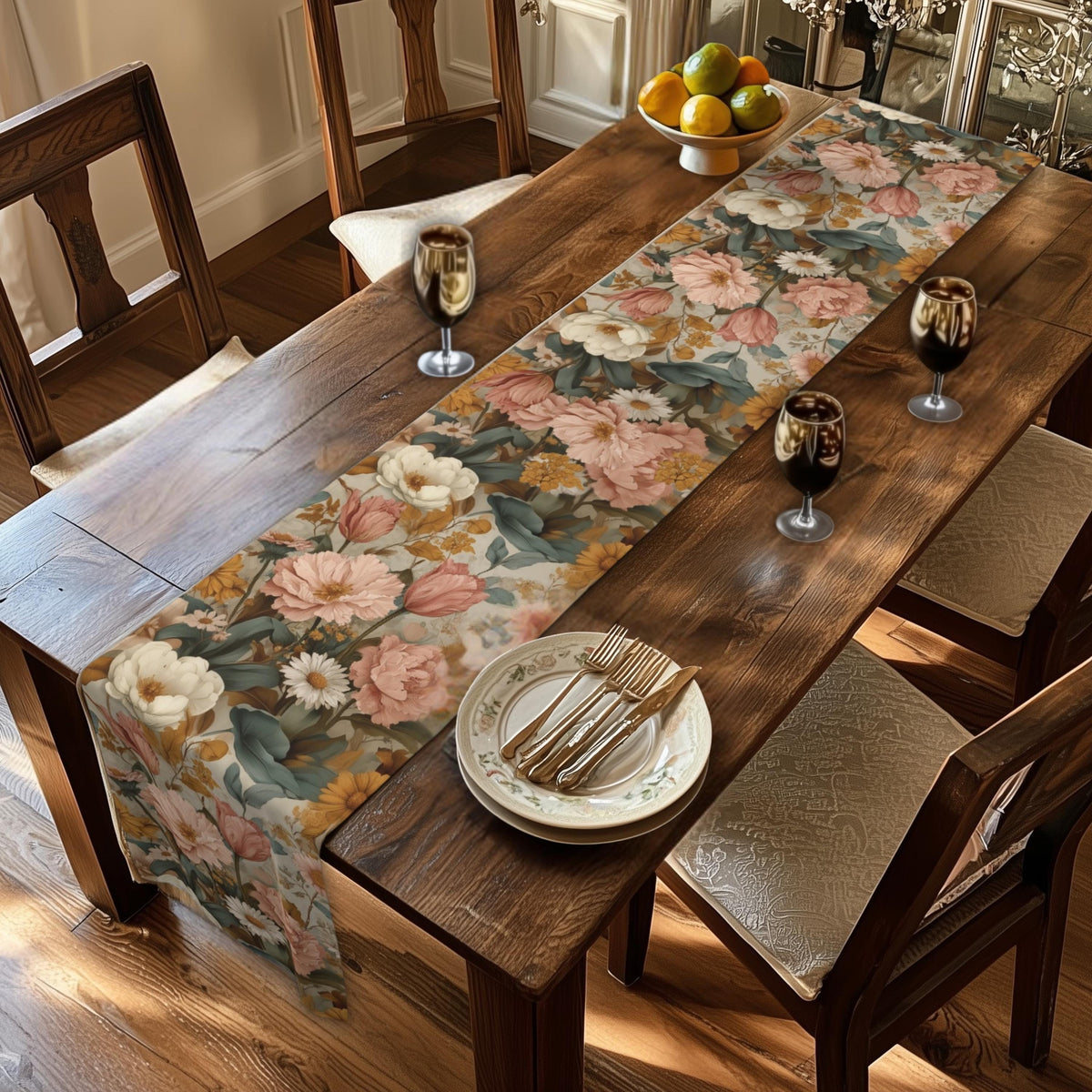 William Morris Inspired Botanical Table Runner: Dusty Rose, Sage, Ochre Autumn Accent