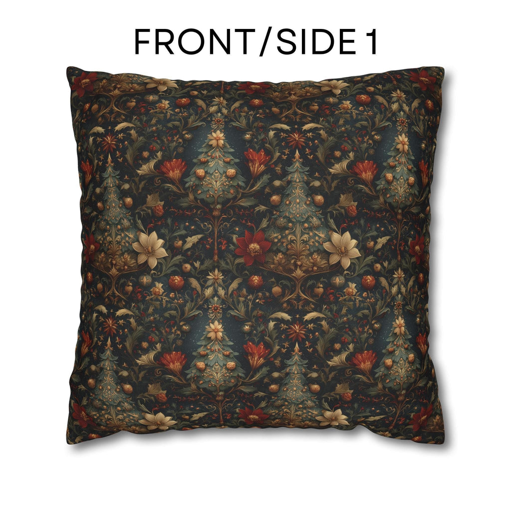 Intricate Christmas Trees and Florals Pillow Cover: William Morris Style Holiday Botanical Design