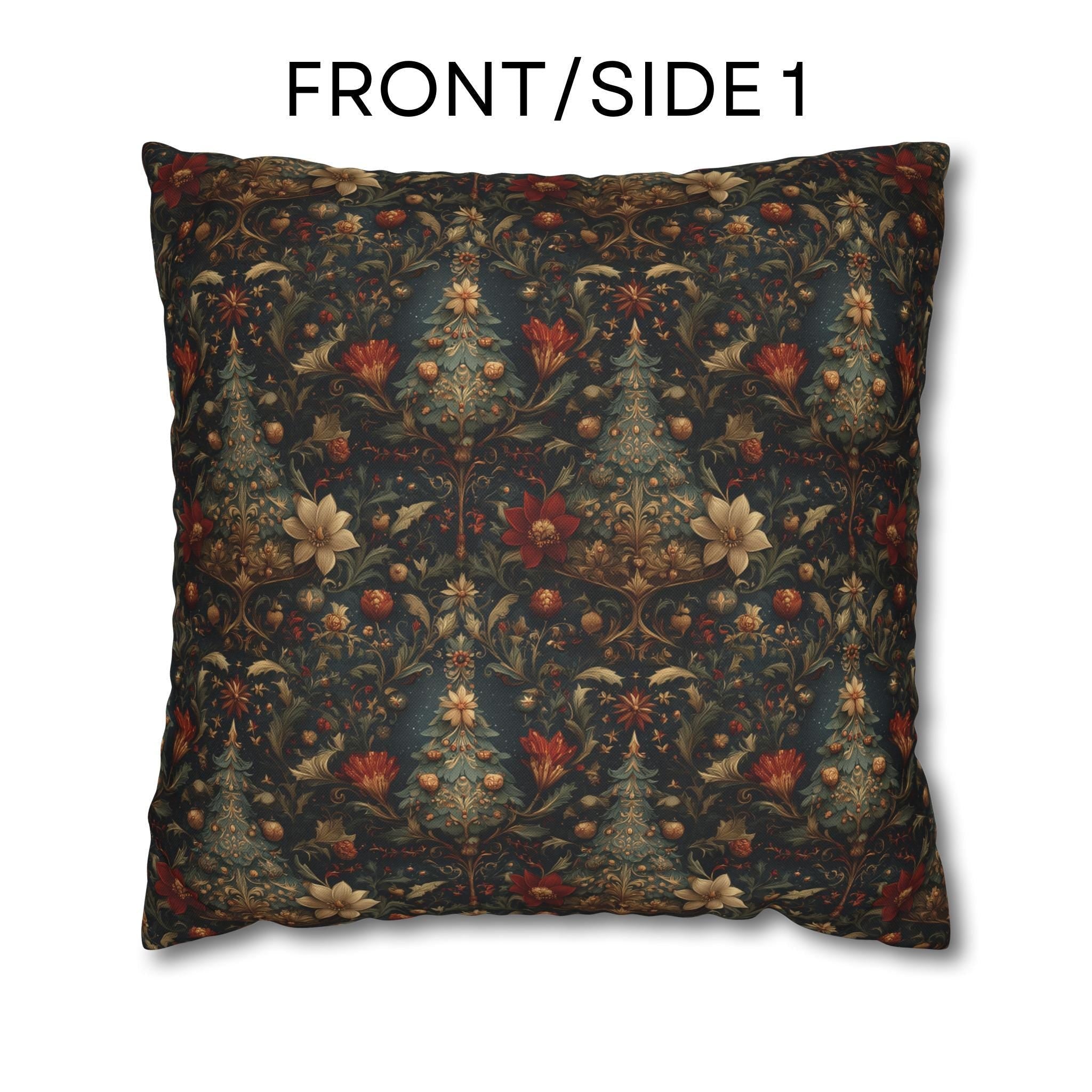 Intricate Christmas Trees and Florals Pillow Cover: William Morris Style Holiday Botanical Design