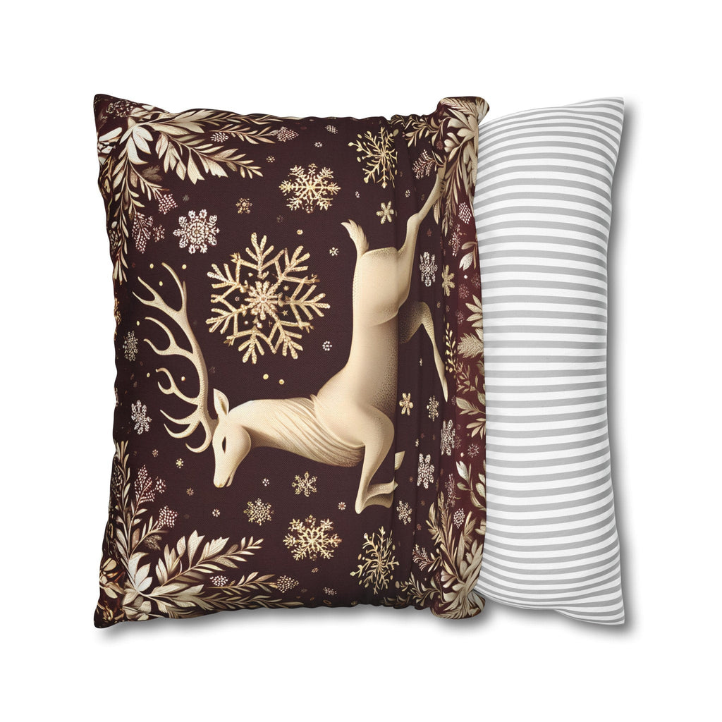 Regal Golden Reindeer Throw Pillow Cover: Burgundy & Gold Christmas Elegance
