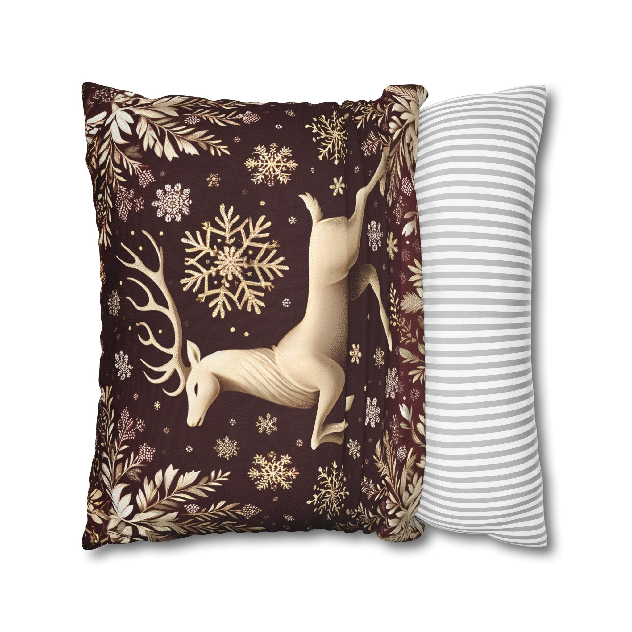 Regal Golden Reindeer Throw Pillow Cover: Burgundy & Gold Christmas Elegance