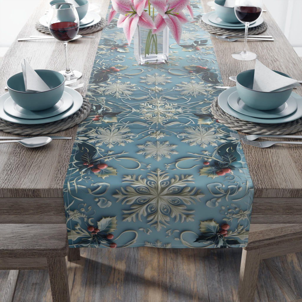 Elegant Blue Christmas Table Runner with Snowflakes, Holly Leaves, and Berries for Festive Dining