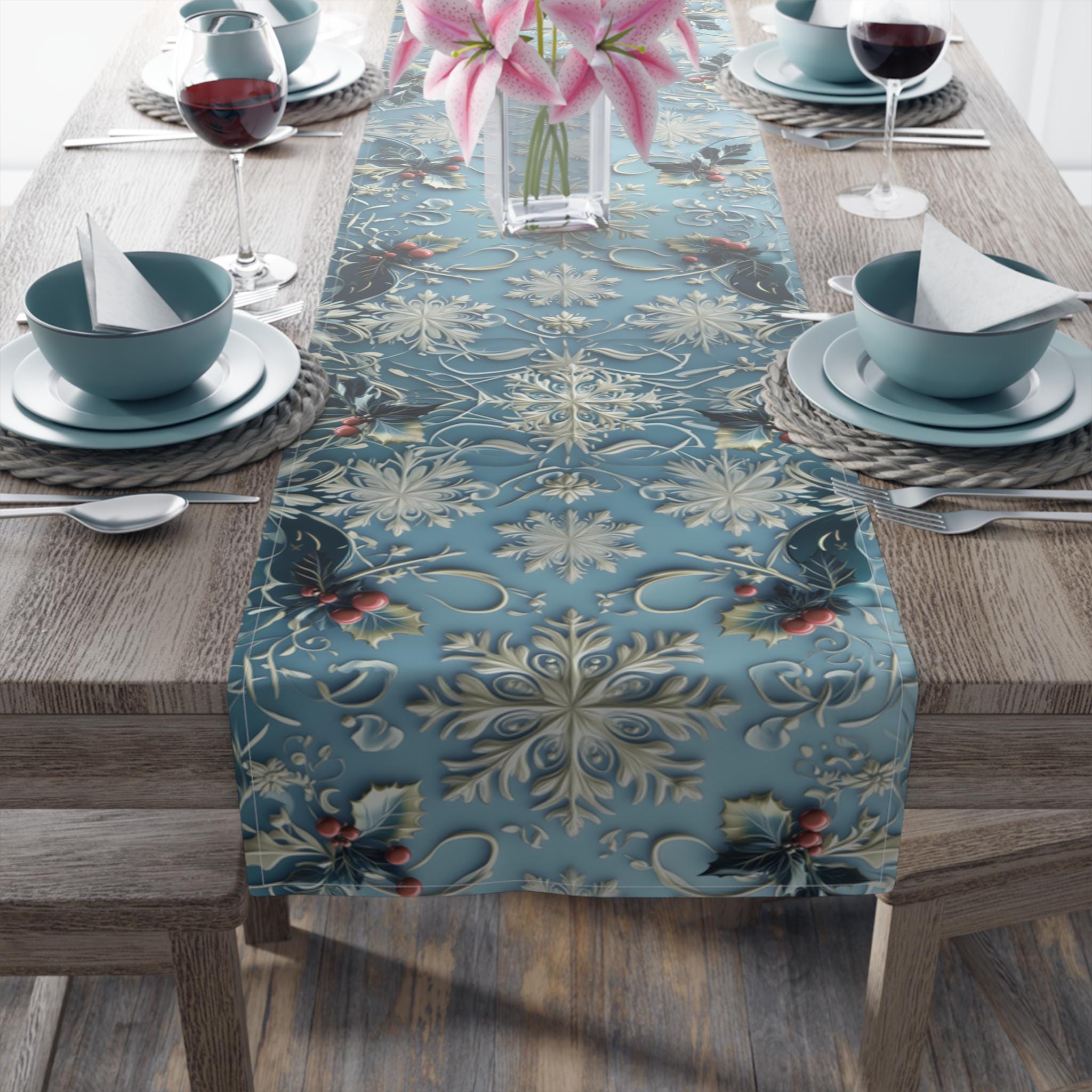 Elegant Blue Christmas Table Runner with Snowflakes, Holly Leaves, and Berries for Festive Dining