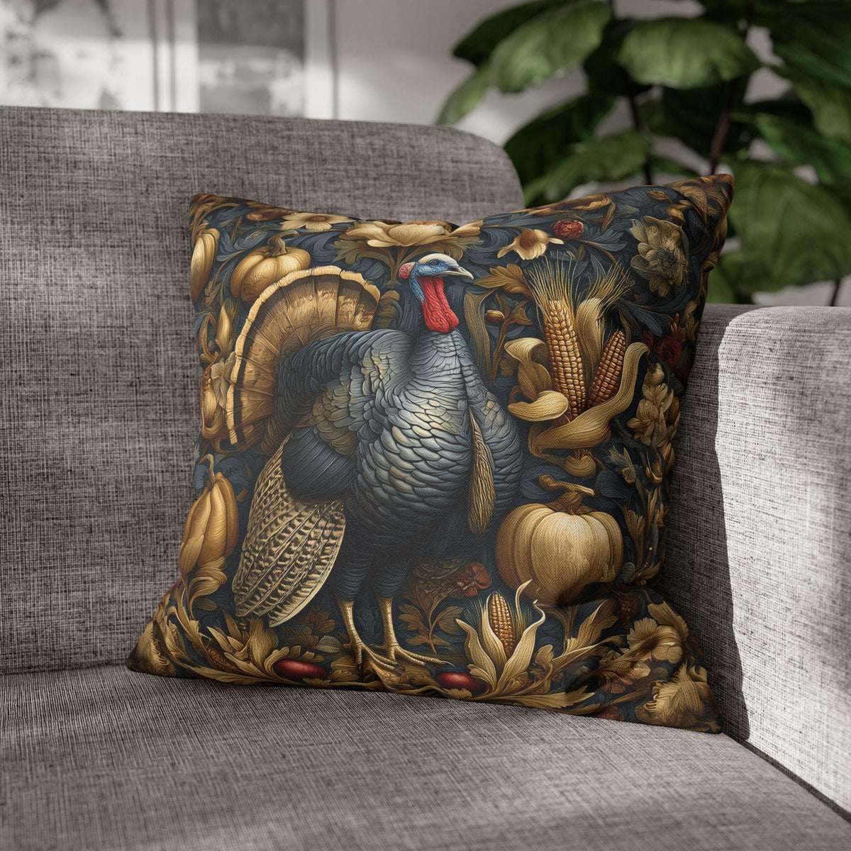 William Morris Autumn Pillow Cover: Botanical Thanksgiving Turkey Decor, Grey-Blue and Gold