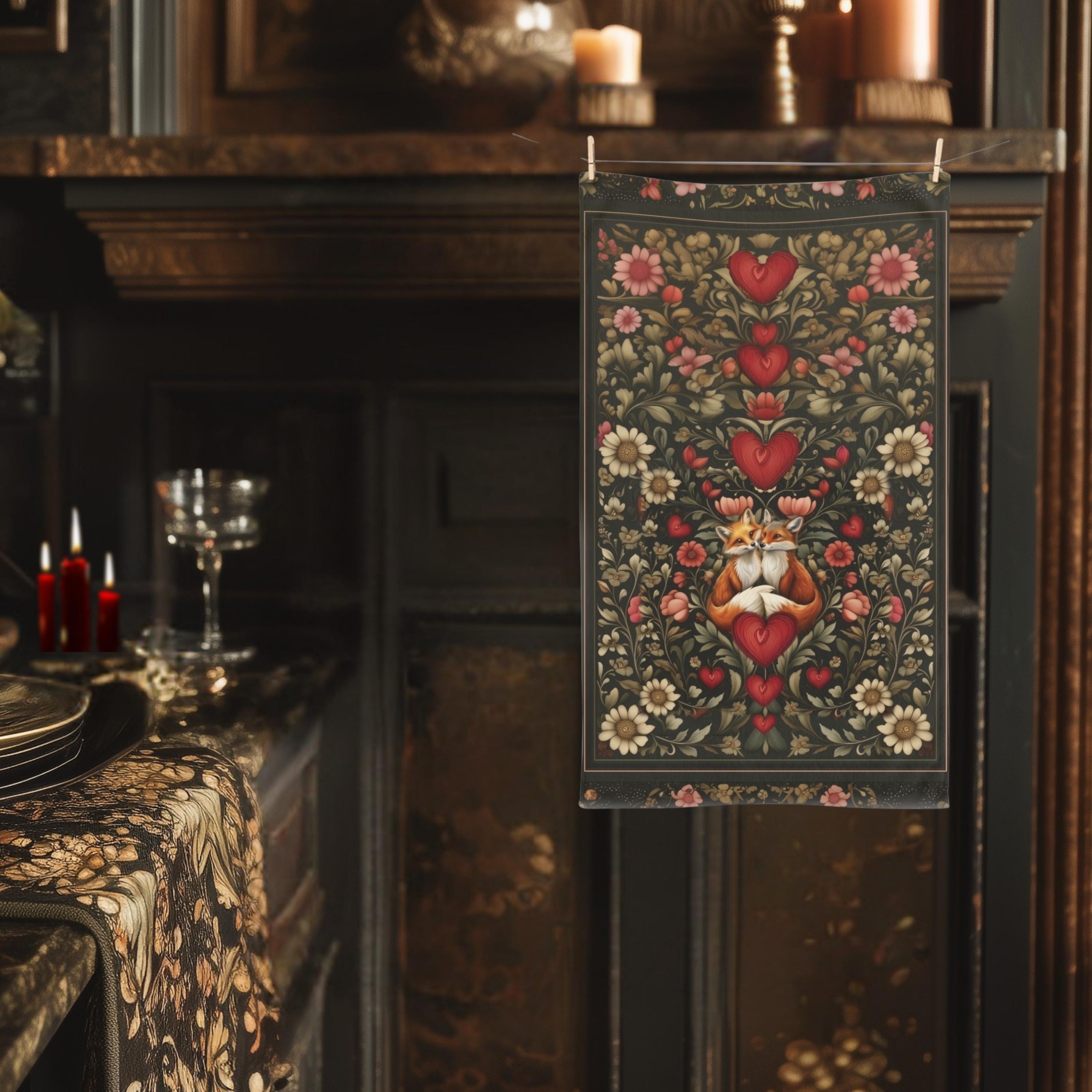 William Morris Inspired Fox Love Hand Towel: Romantic Woodland Kitchen or Bath Decor