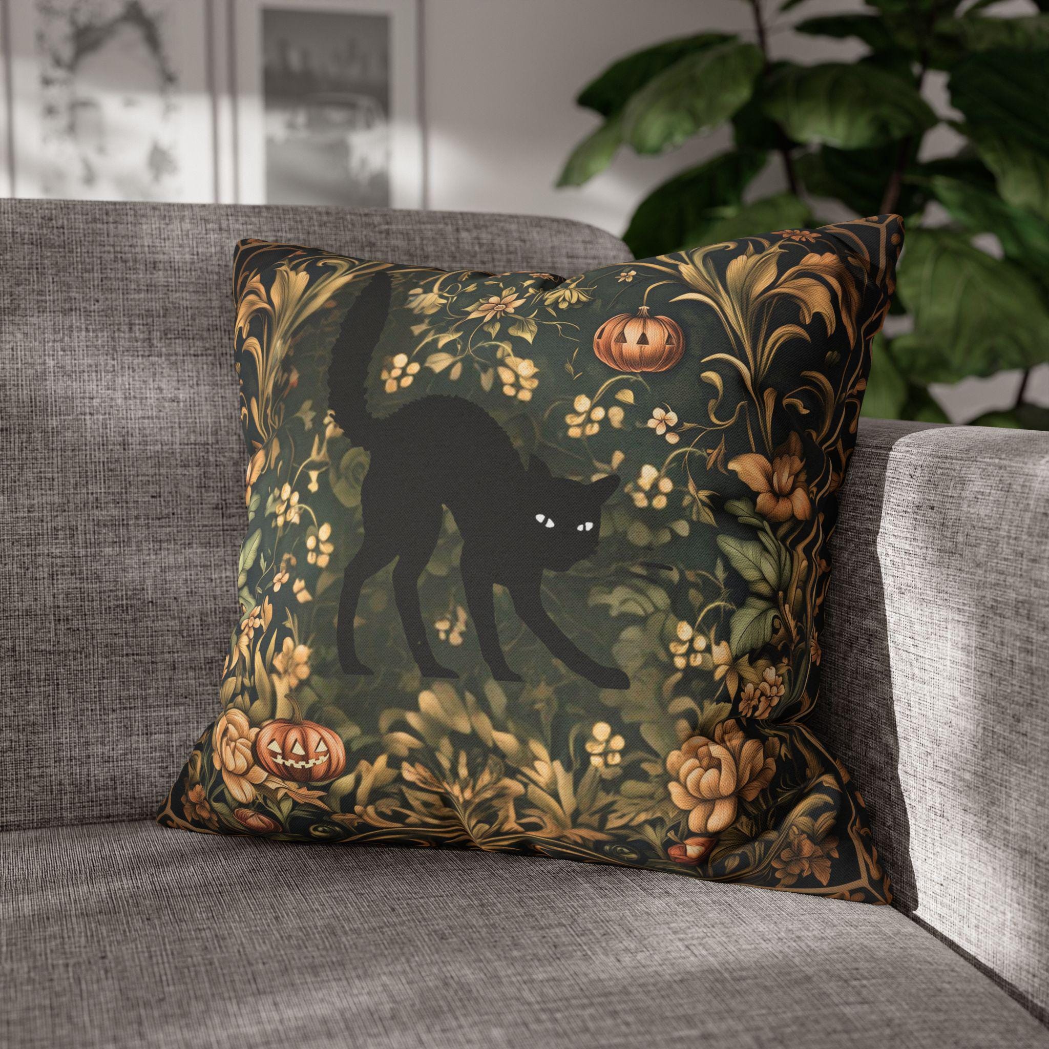 William Morris Inspired Fall Pillow Cover: Black Cat Halloween Botanical Decor
