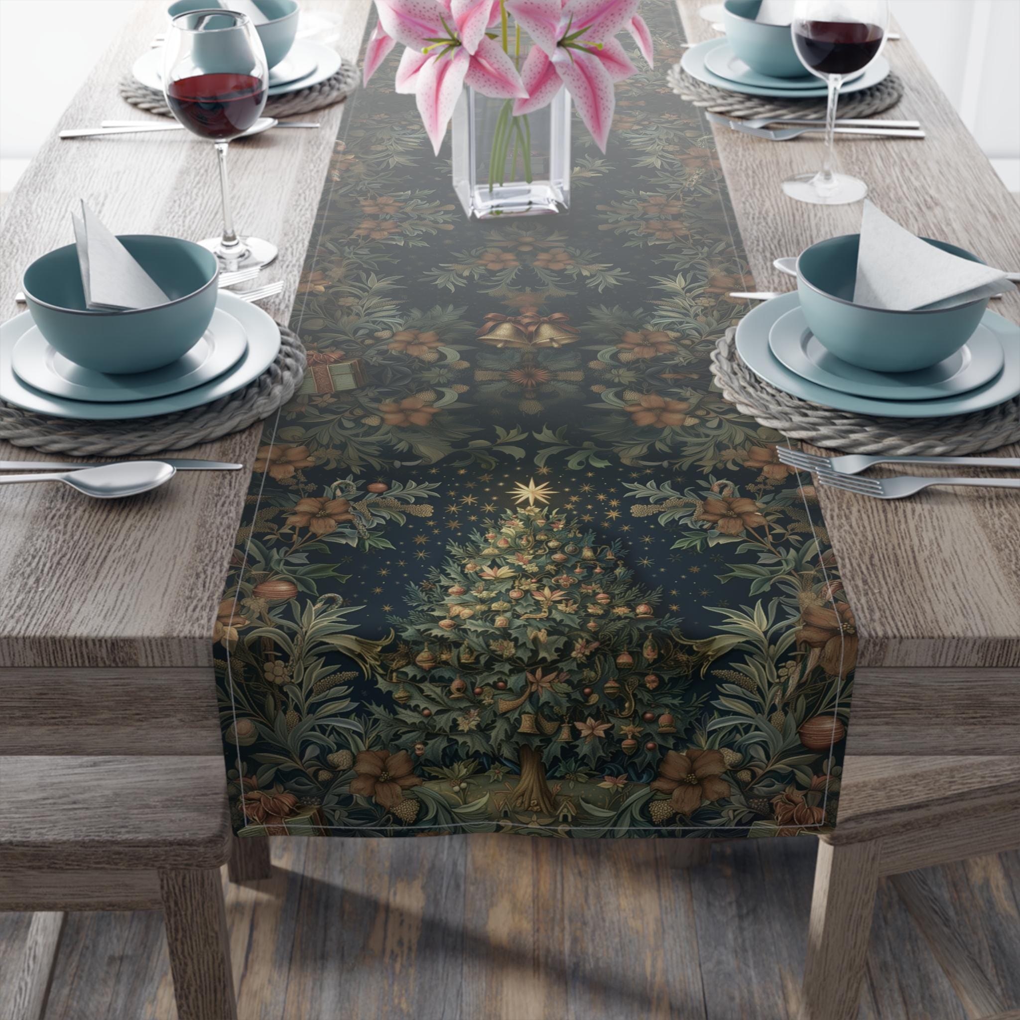William Morris Christmas Table Runner: Victorian Floral, Deep Green & Red