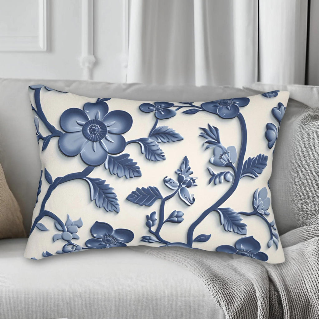 Chinoiserie Blue White Floral Lumbar Pillow | Elegant Pottery Pattern Accent Cushion