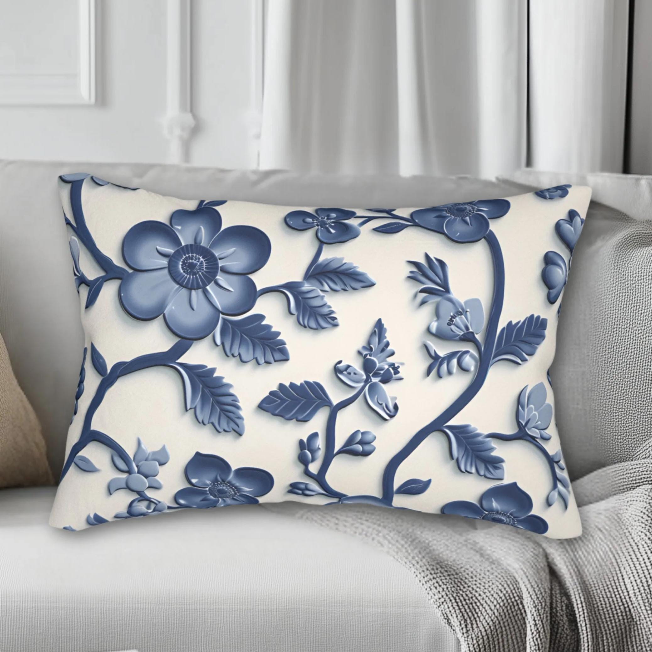 Chinoiserie Blue White Floral Lumbar Pillow | Elegant Pottery Pattern Accent Cushion