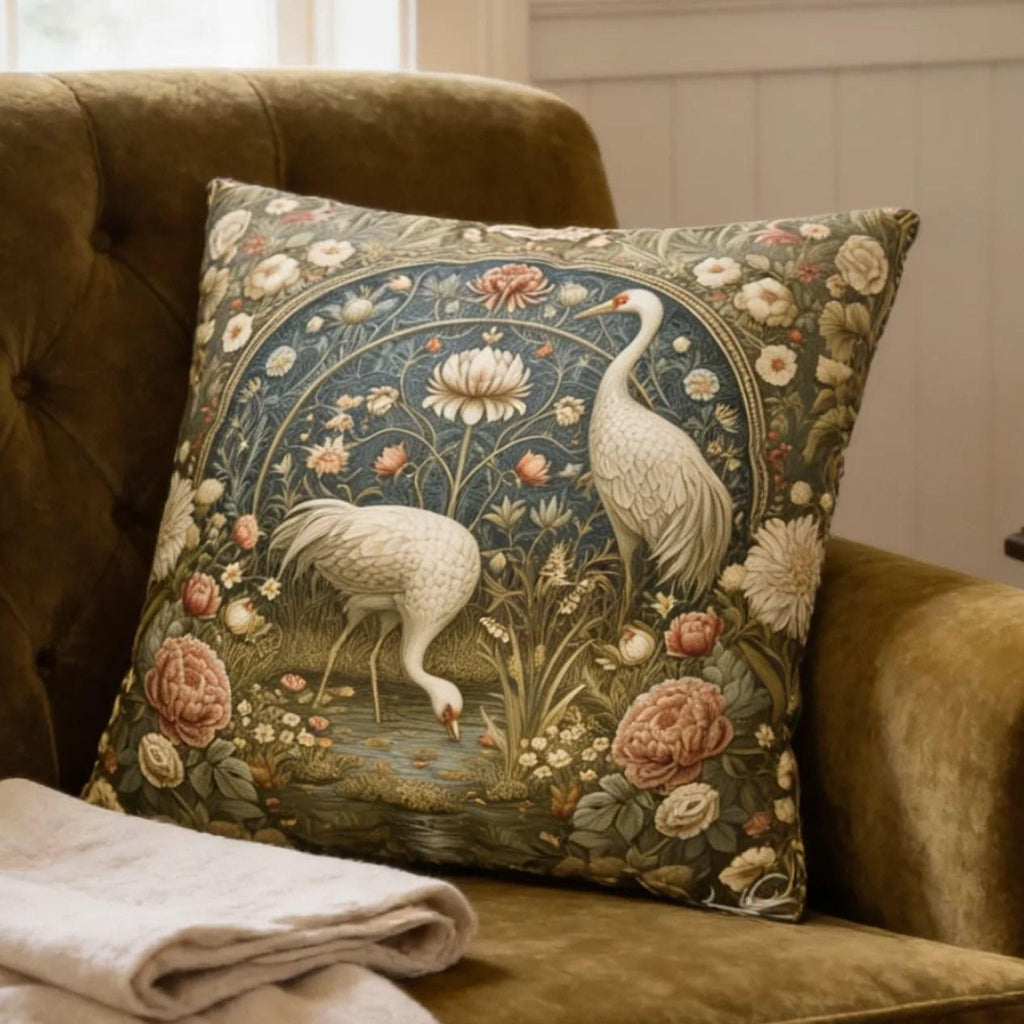 William Morris Style Throw Pillow Cover: Cranes and Marsh Botanicals