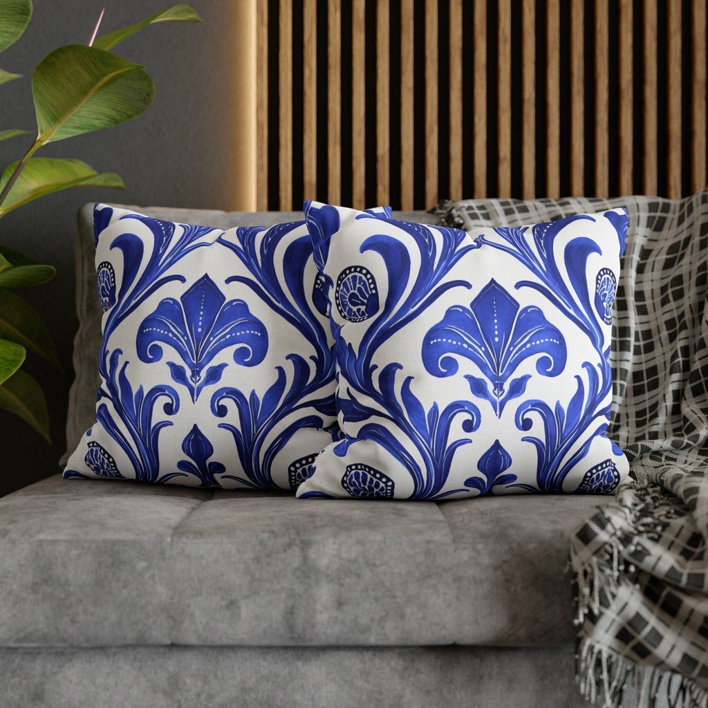 Blue Floral Art Nouveau Pillow Cover, Crisp White Decor