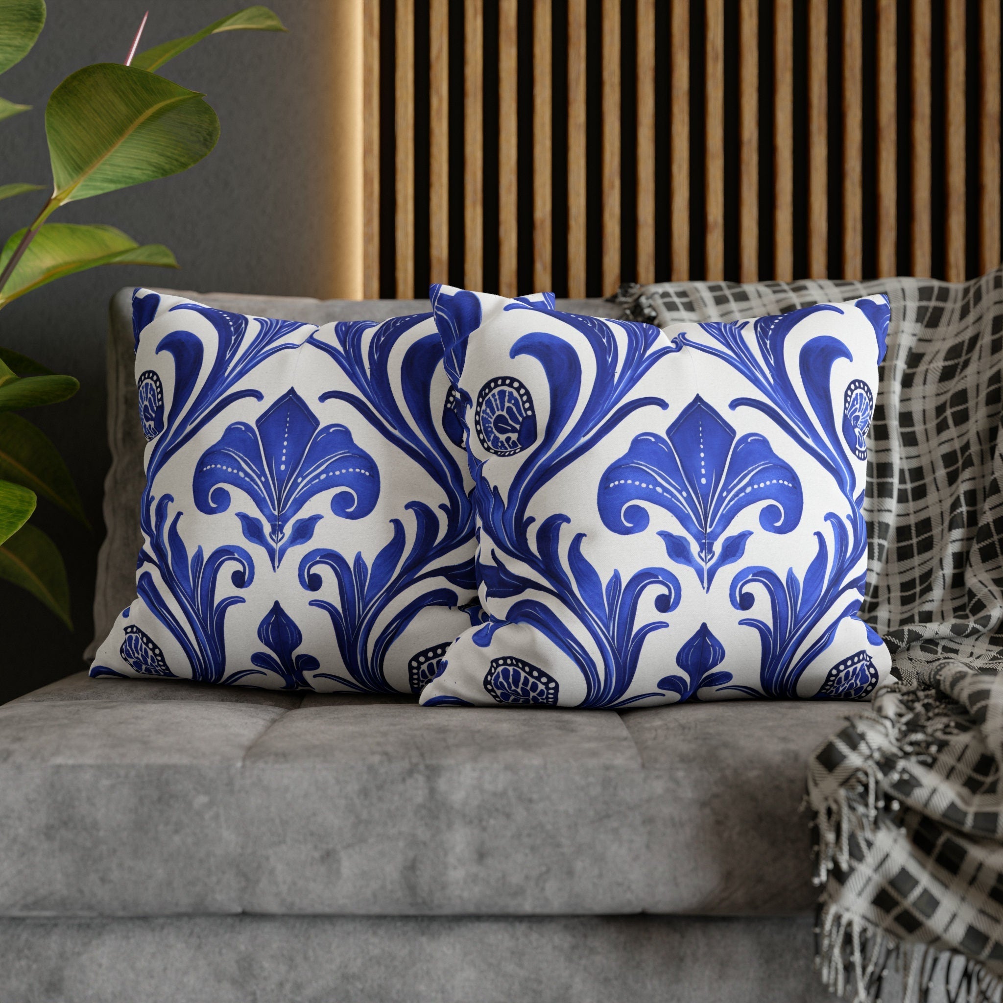 Blue Floral Art Nouveau Pillow Cover, Crisp White Decor