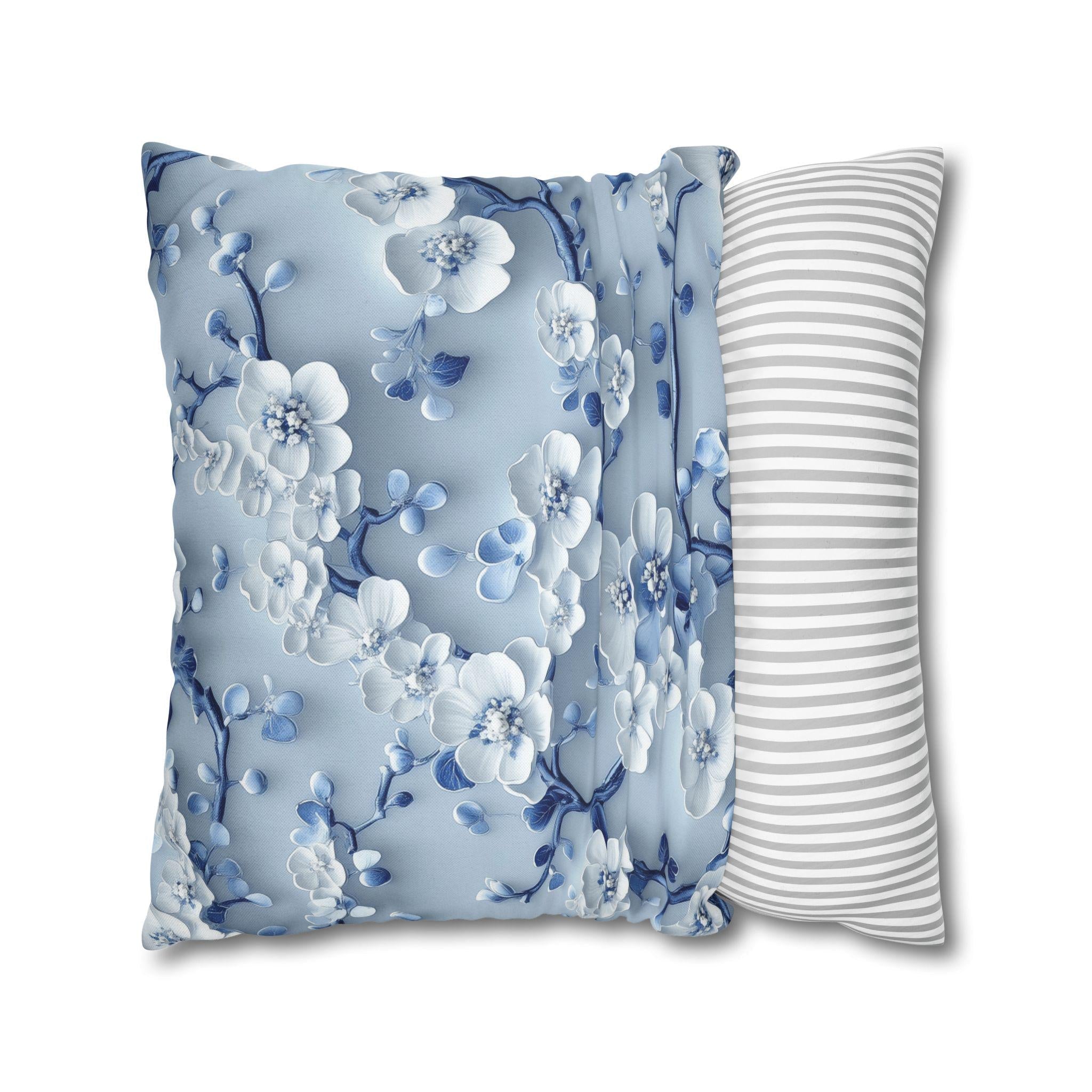 Elegant Blue & White Chinoiserie Cherry Blossom Pillow Cover | Asian-Inspired Floral Home Decor