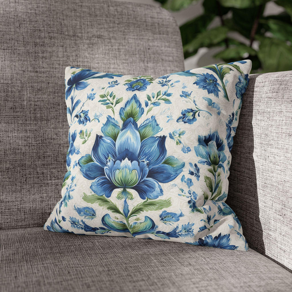 Jacobean Floral Pillow Cover: Blue-Green Botanical Cushion Cover with Modern Traditional Fusion Design