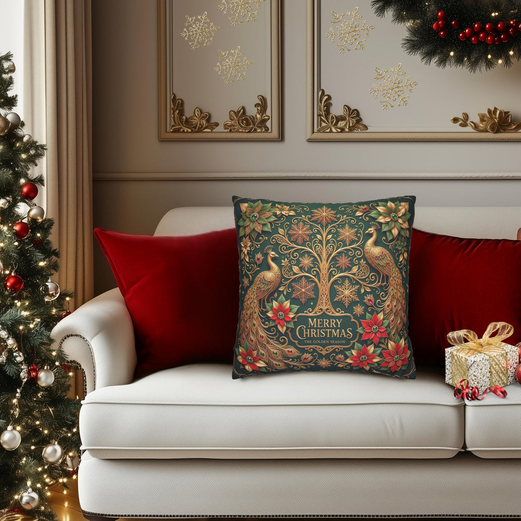 Emerald Green Peacock Christmas Pillow Cover: Gold Poinsettia, Maximalist Holiday