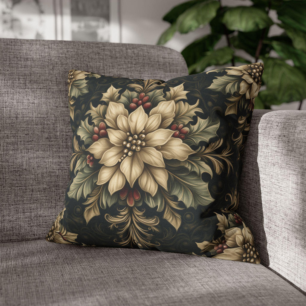 William Morris Christmas Pillow Cover: Ivory Poinsettia & Holly on Midnight Green