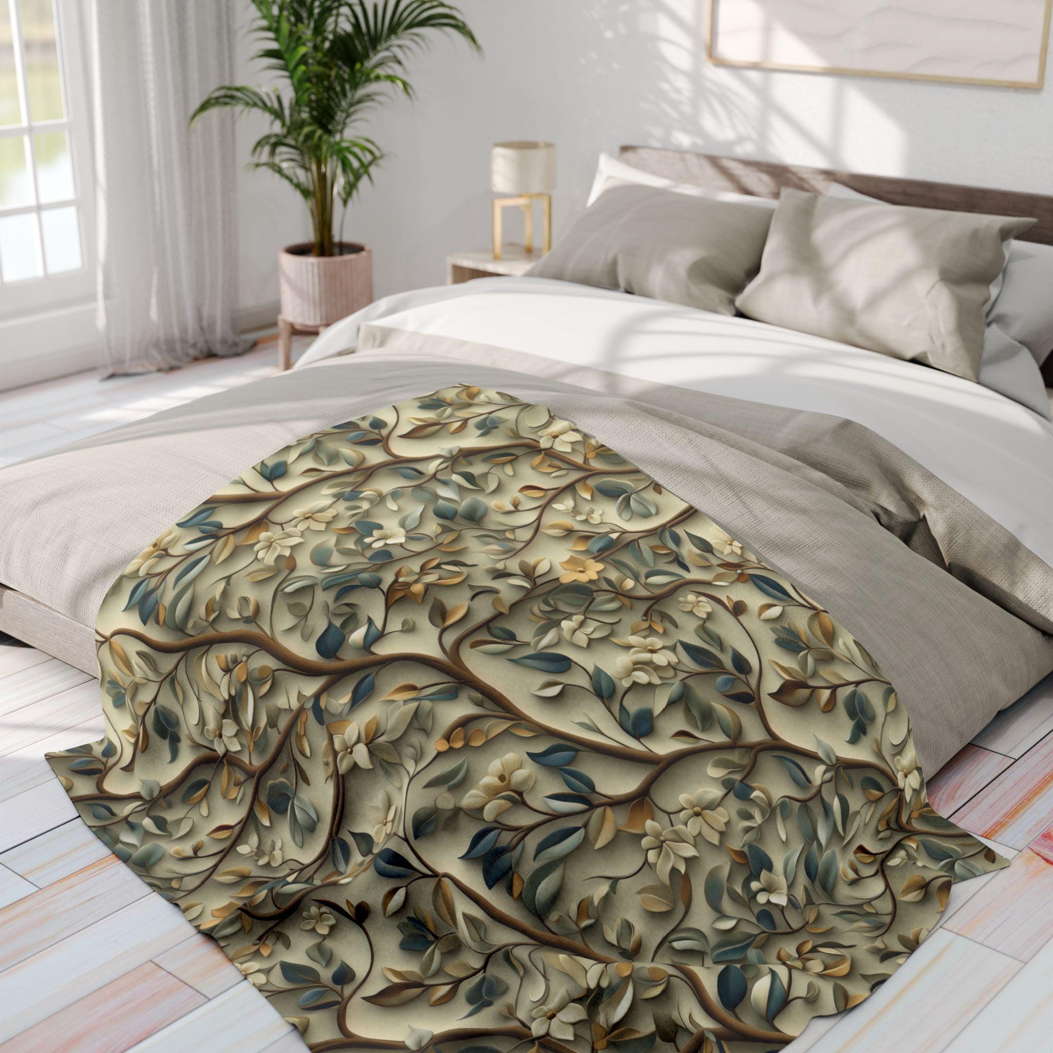 Botanical William Morris Inspired Fleece Blanket, Floral Green Gold White Beige Throw Blanket