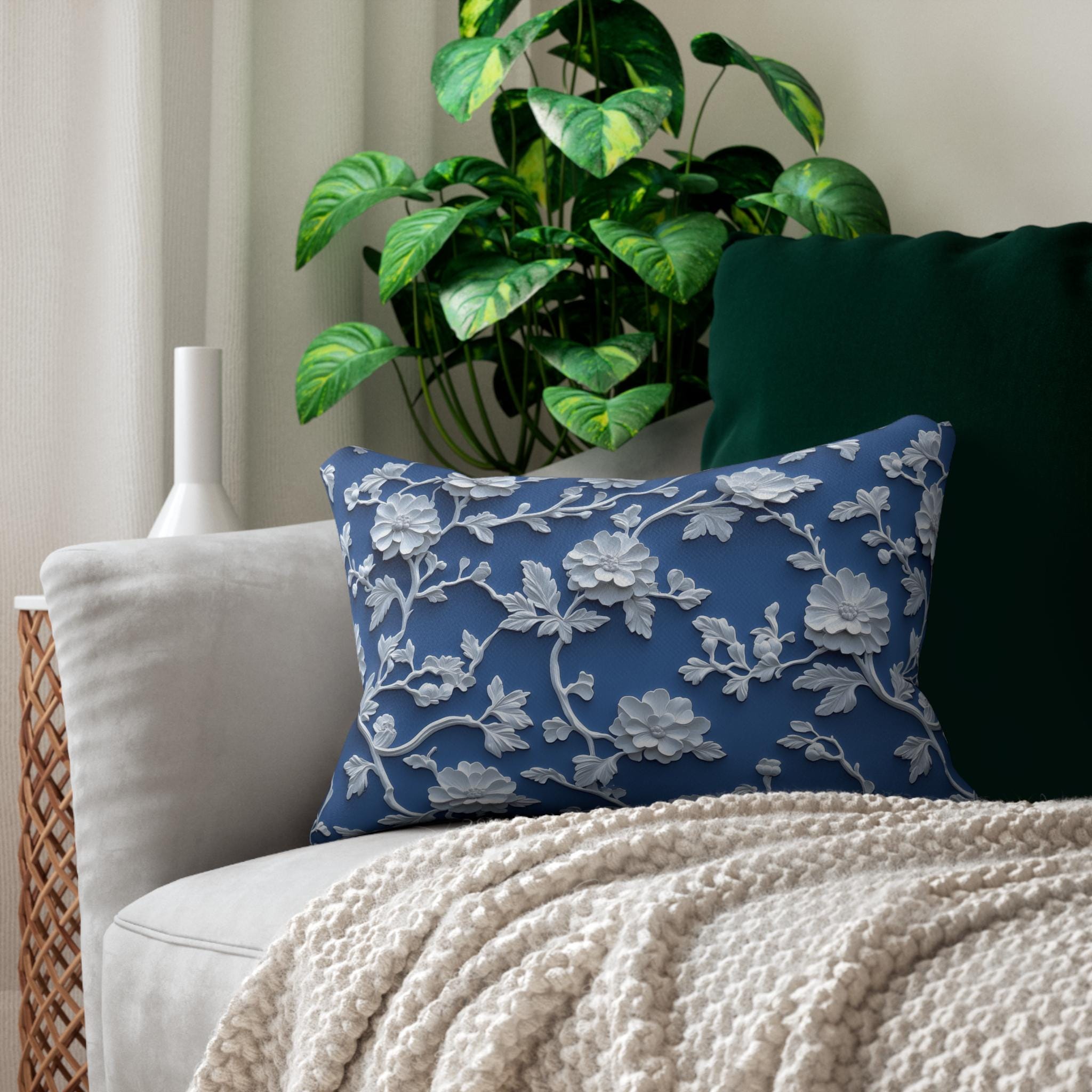 Chinoiserie Lumbar Pillow: Blue and White Floral Home Accent