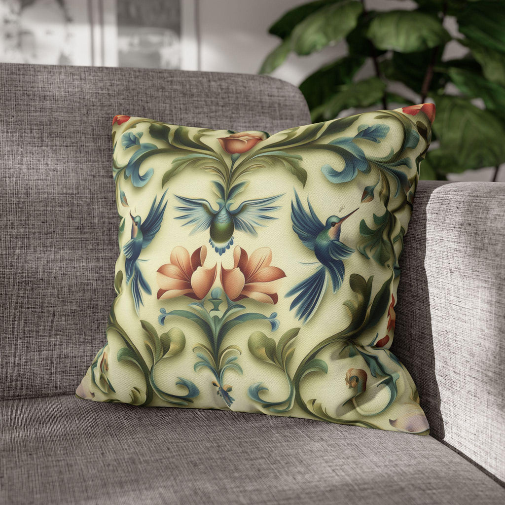 William Morris Inspired Hummingbird Floral Pillow Cover: Vintage Nature Tapestry Cushion Design