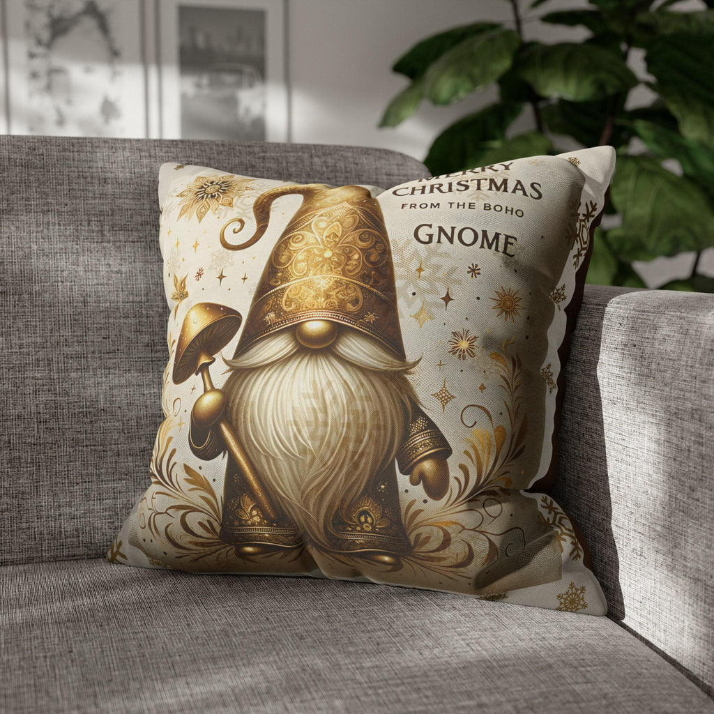 Boho Christmas Gnome Pillow Cover: Festive Gold Design on Cream Background for Holiday Decor