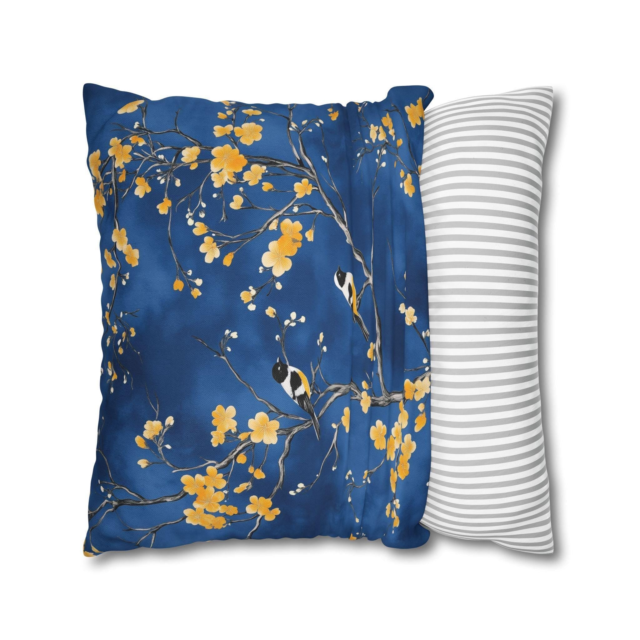 Royal Blue Chinoiserie Pillow Cover: Elegant Asian-Inspired Cushion with Yellow Blossoms and Birds