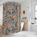 Vintage-Inspired Floral Shower Curtain: Warm Autumn Botanicals on Dusty Blue Background