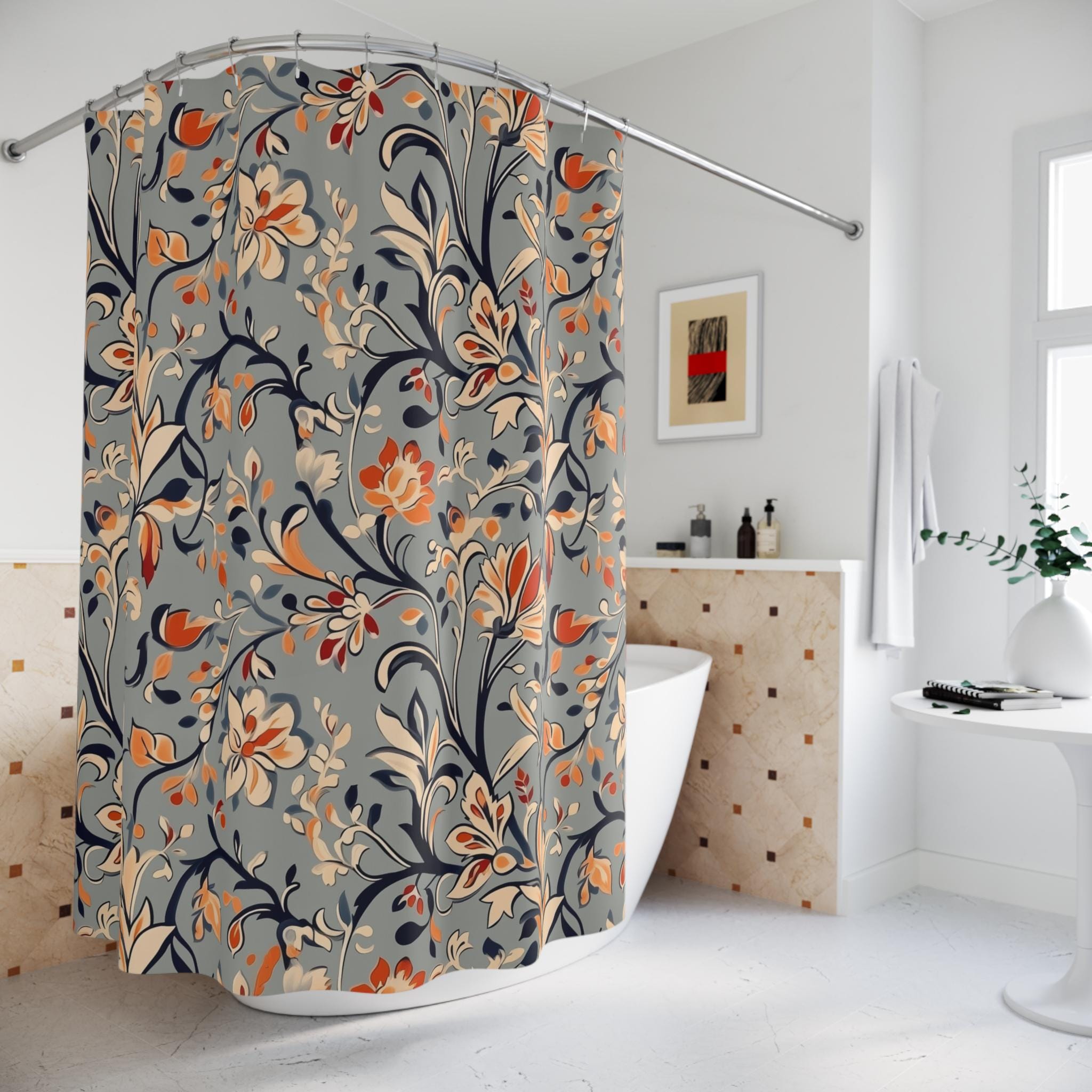 Vintage-Inspired Floral Shower Curtain: Warm Autumn Botanicals on Dusty Blue Background