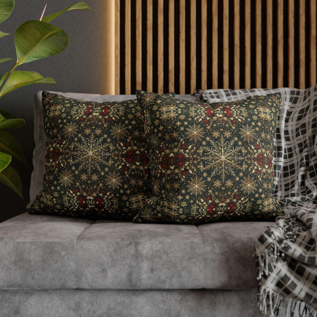 Elegant Gold Snowflake Poinsettia Square Pillow Cover: Holiday Tapestry Pattern for Christmas Home Decor