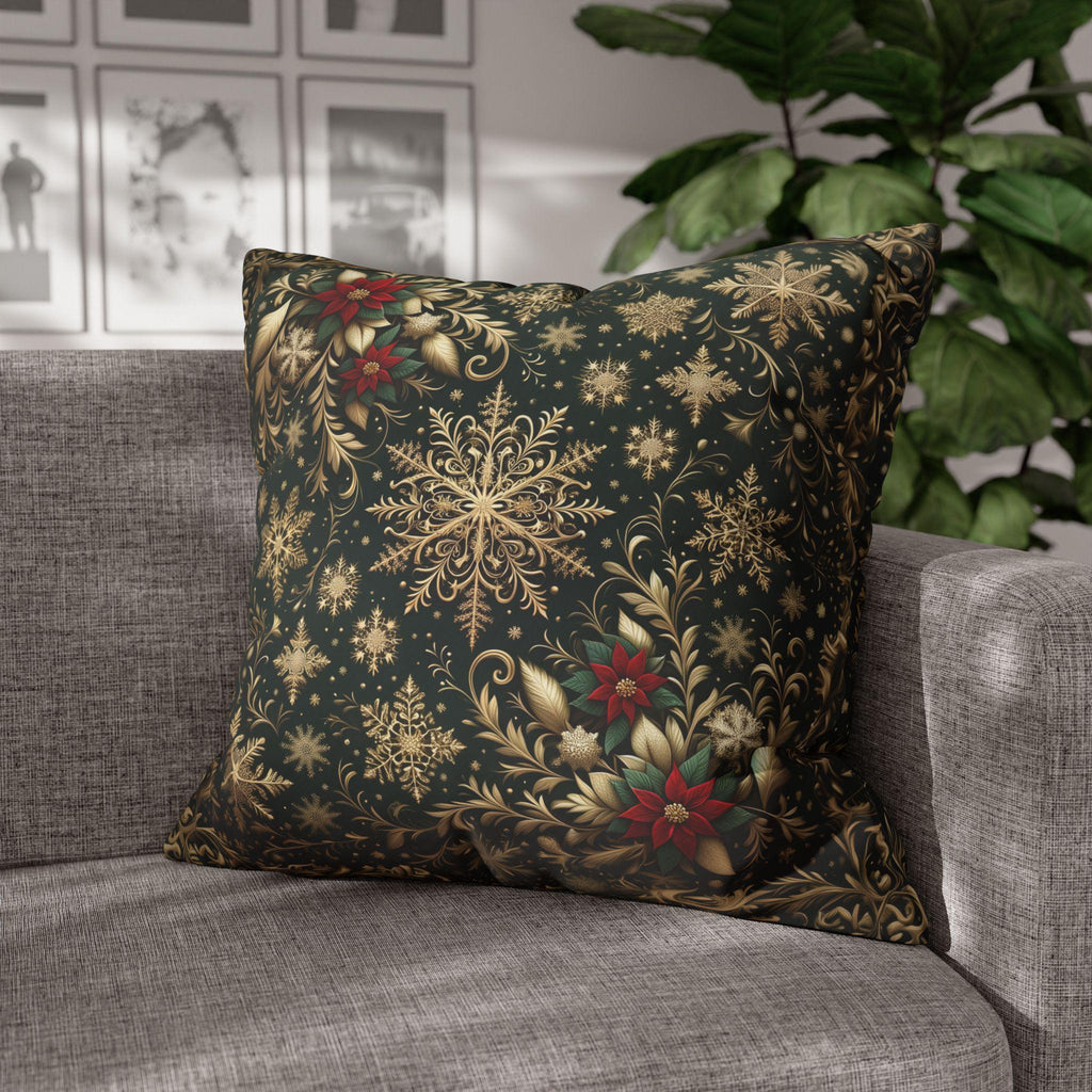 Poinsettia Christmas Pillow Cover: Gold Snowflakes on Emerald Green