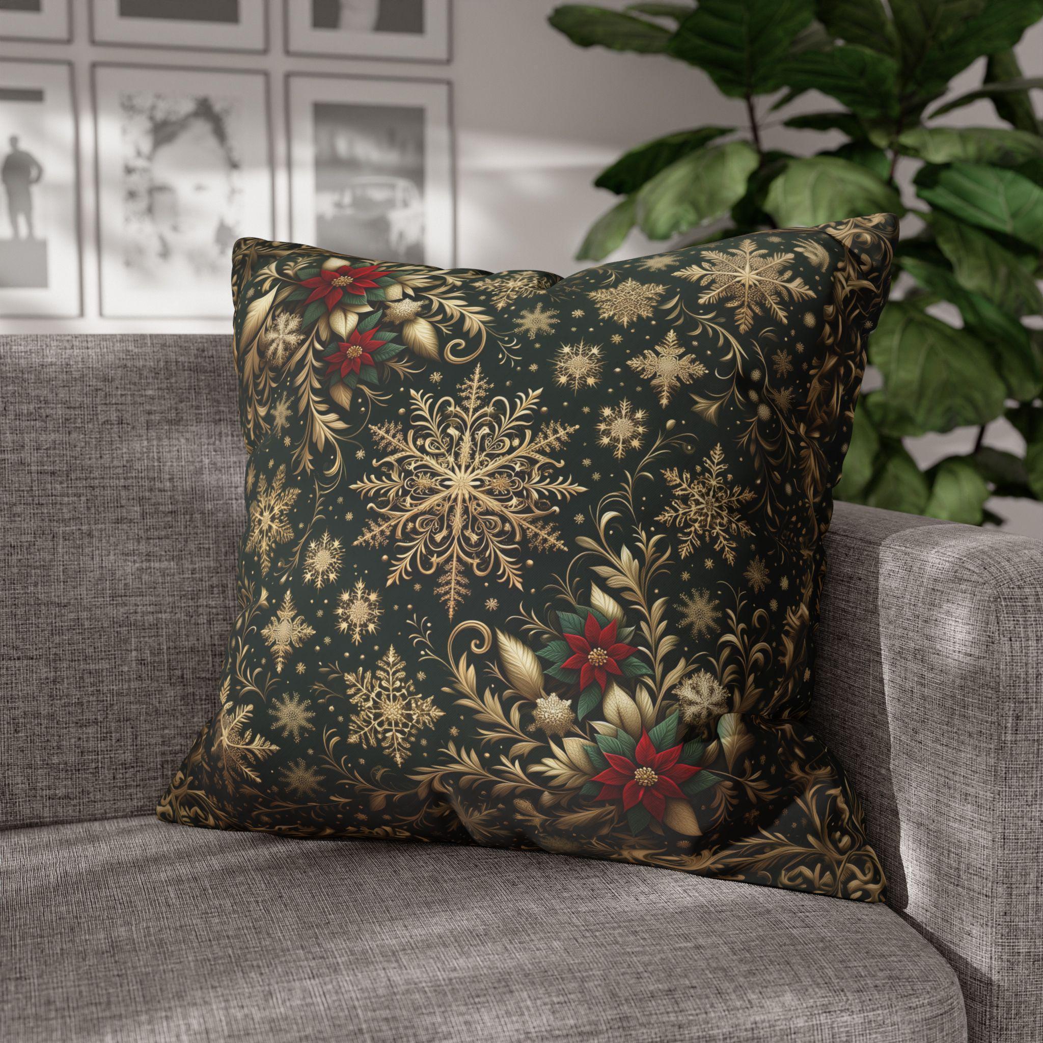 Poinsettia Christmas Pillow Cover: Gold Snowflakes on Emerald Green