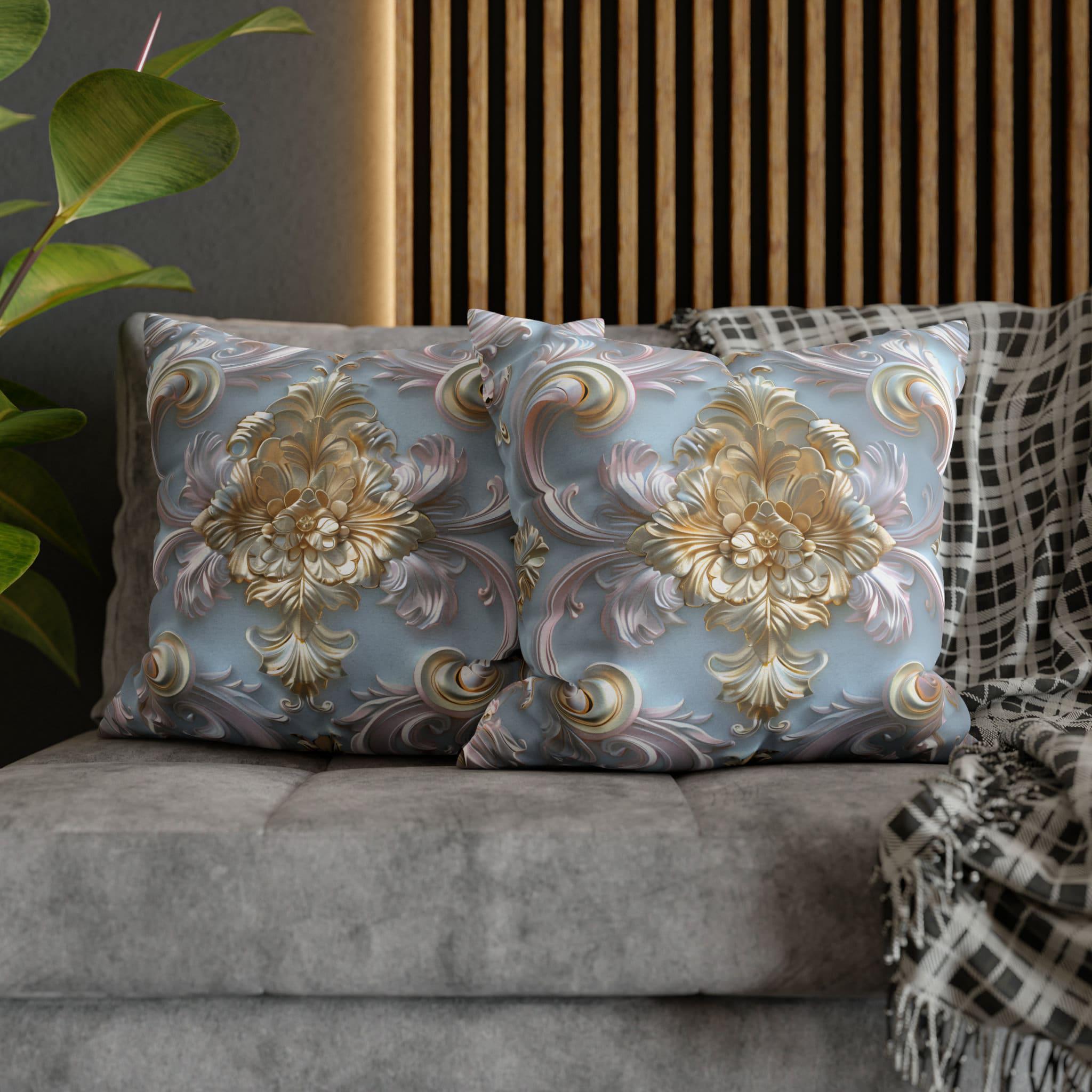 Rococo Coquette Pillow Cover: Pale Gold Floral on Pastel Blue