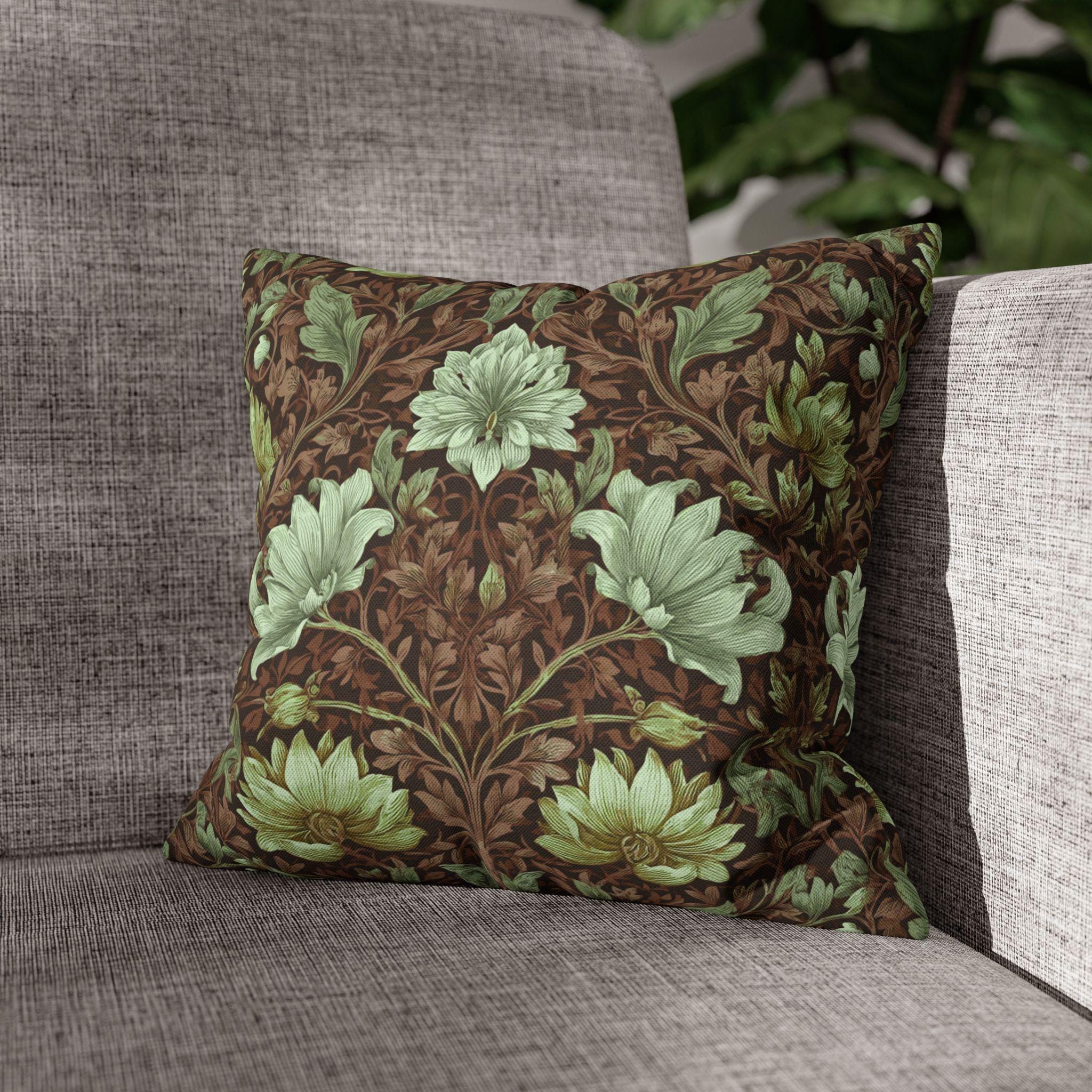 William Morris Style Pillow Cover: Maroon, Sage and Cream Botanical Floral