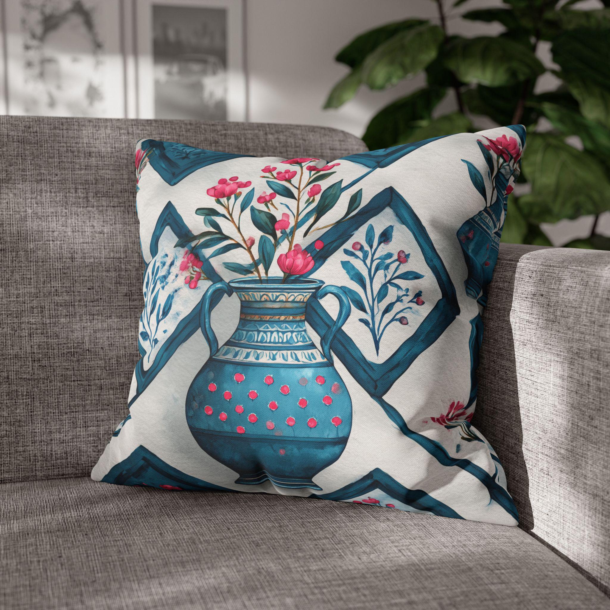 Watercolor Floral Vase Pillow Cover: Boho Home Decor, Teal, Pink
