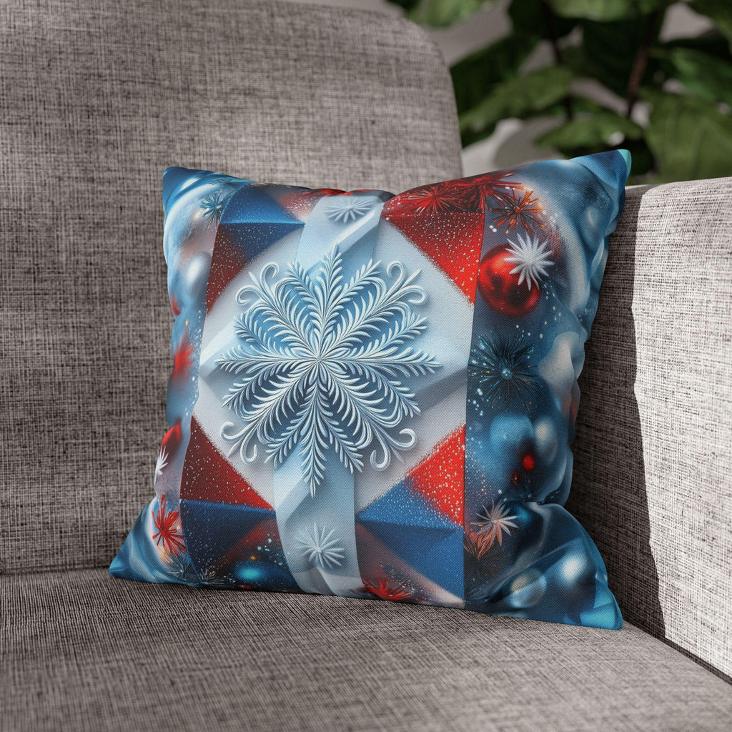Winter Snowflake Pillow Cover, Geometric Holiday Throw Cushion, Red White Blue