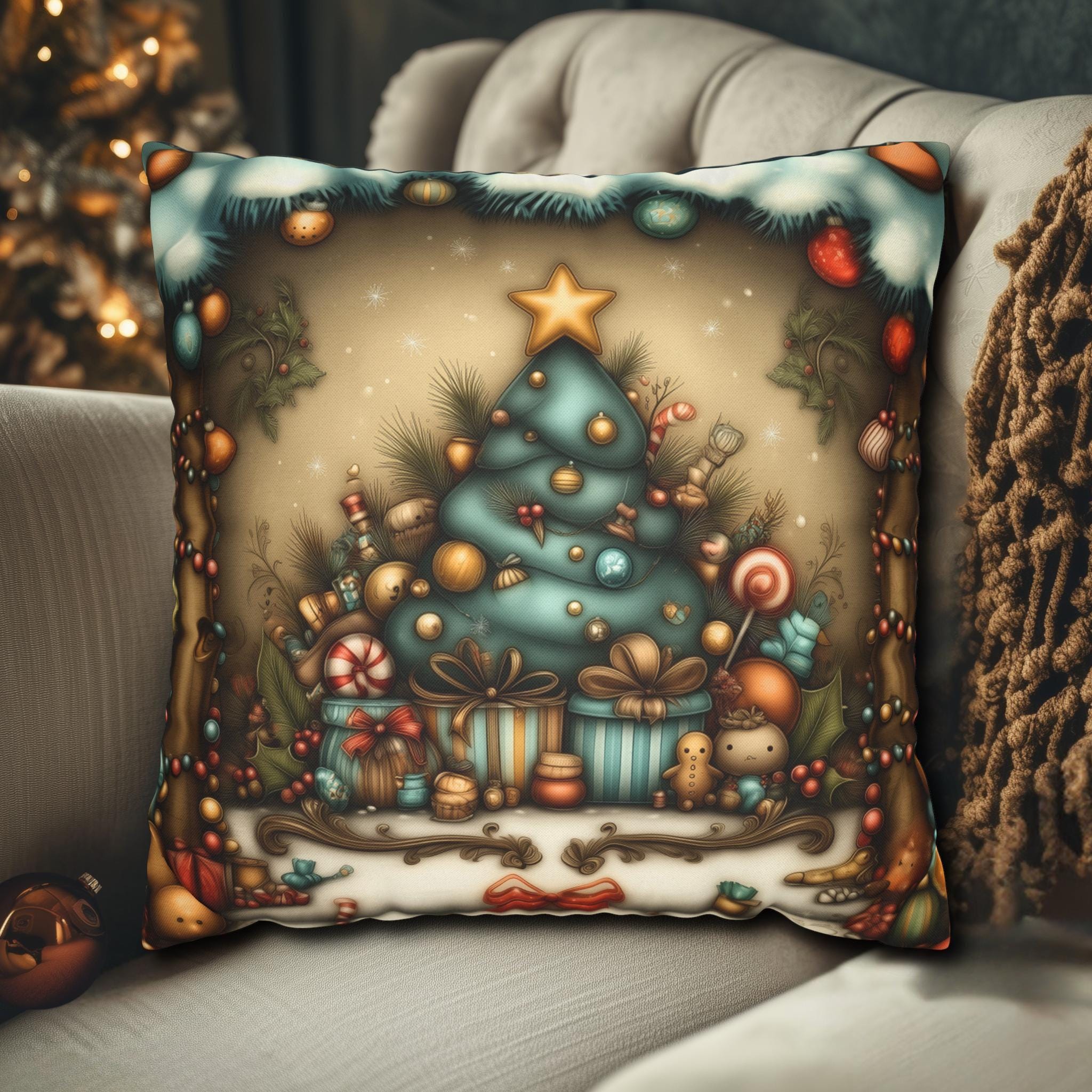 Nostalgic Christmas Pillow Cover: Vintage Style Tree & Presents Holiday Décor