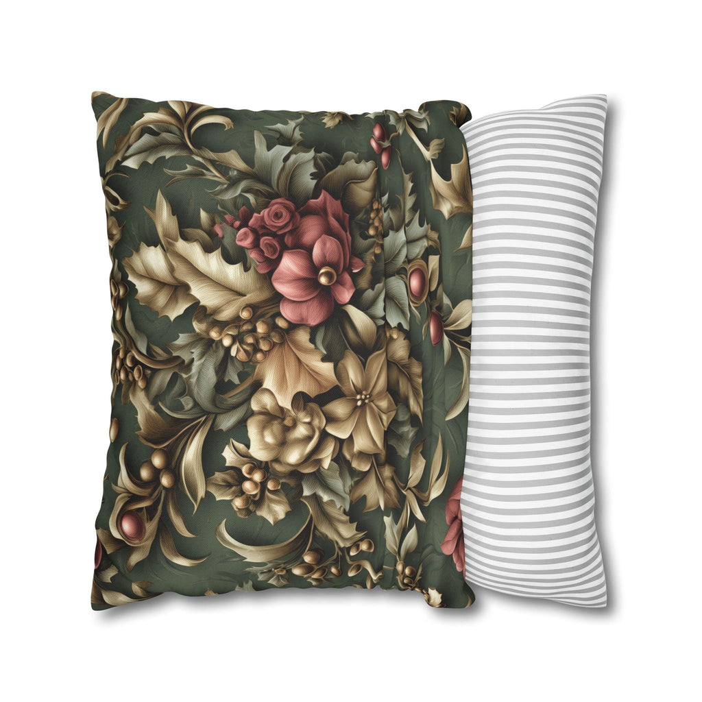 William Morris Inspired Holly & Poinsettia Christmas Pillow Cover: Pine, Gold, Cranberry