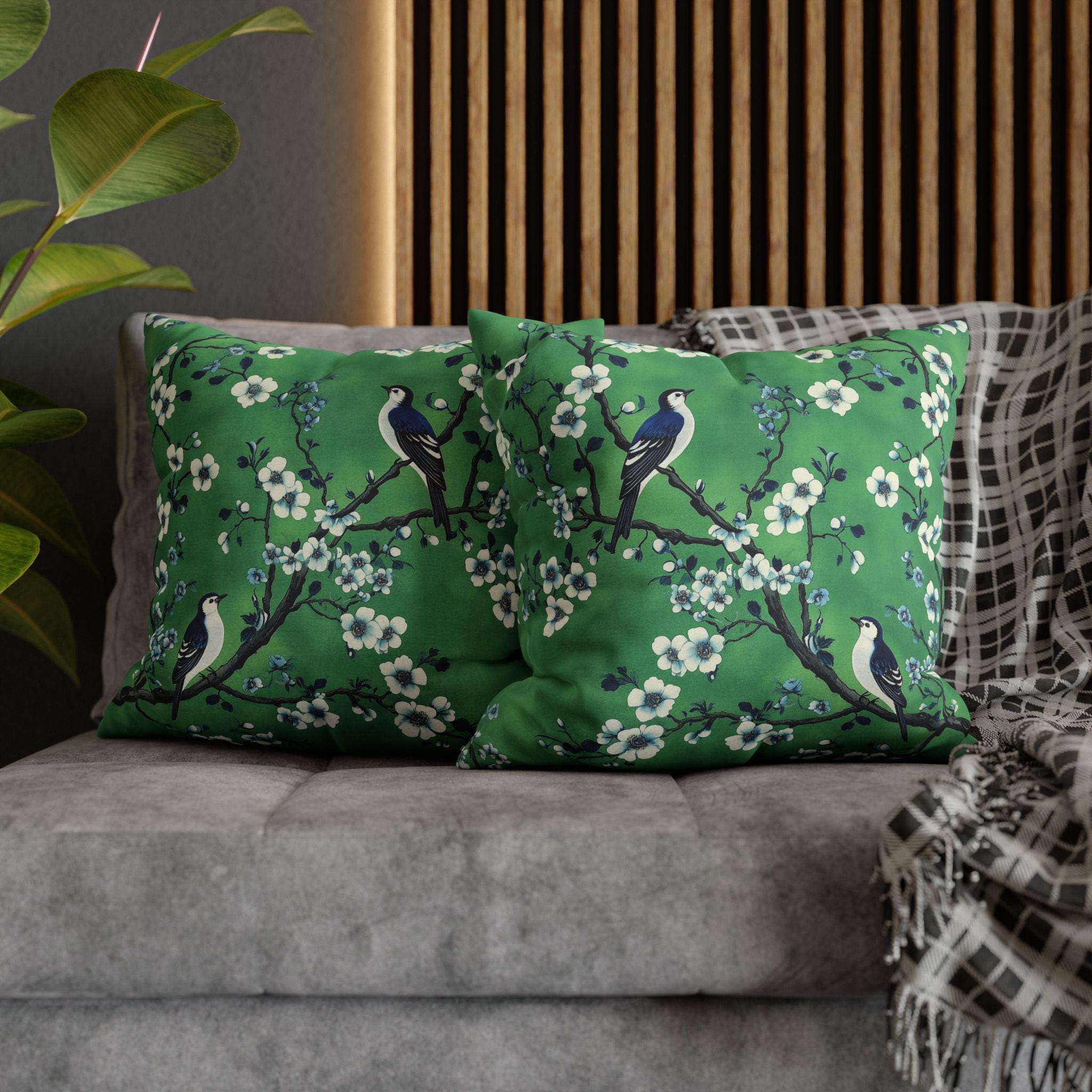 Chinoiserie Bird Floral Pillow Cover: Elegant Green & Blue Botanical Cushion Case for Vintage Decor