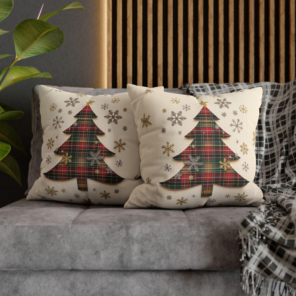 Tartan Christmas Tree Pillow Cover: Rustic Plaid Holiday Cushion Case