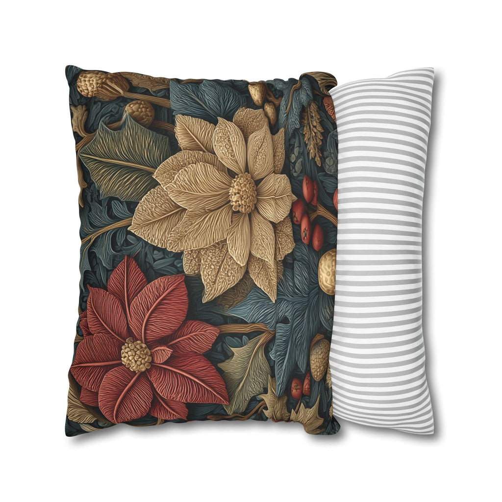 William Morris Christmas Pillow Cover: Wine and Taupe for n Gray Poinsettia Woodland Illustration