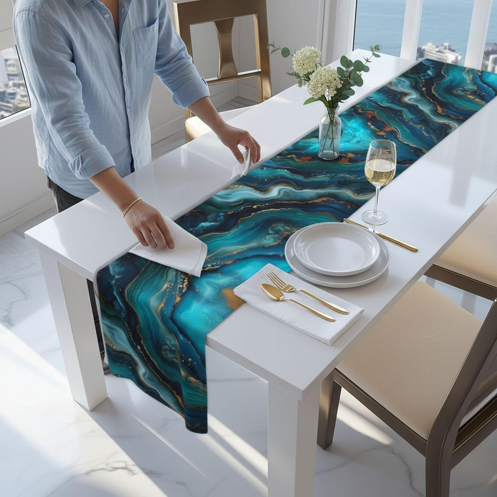 Elegant Ocean Wave Table Runner: Teal, Blue & Gold Accents for Sophisticated Dining Decor