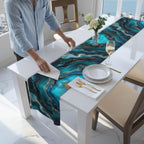 Elegant Ocean Wave Table Runner: Teal, Blue & Gold Accents for Sophisticated Dining Decor