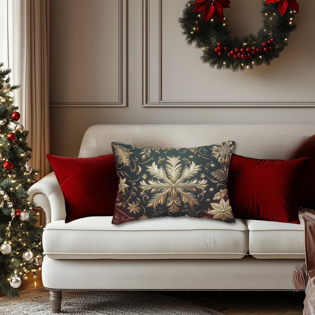 Snowflake Christmas  Lumbar Pillow, Burgundy & Green Ornate Design Lumbar Cushion