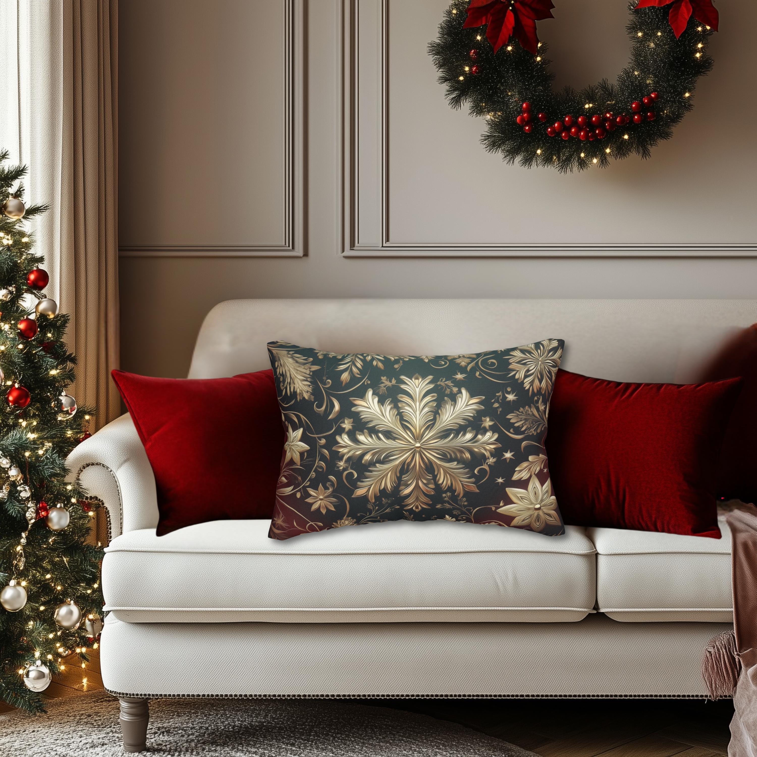 Snowflake Christmas  Lumbar Pillow, Burgundy & Green Ornate Design Lumbar Cushion