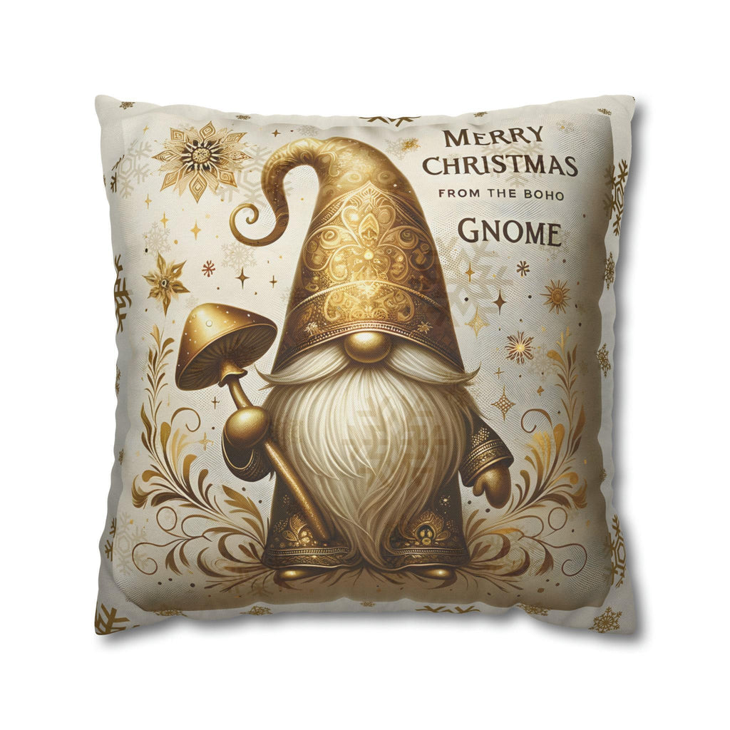 Boho Christmas Gnome Pillow Cover: Festive Gold Design on Cream Background for Holiday Decor