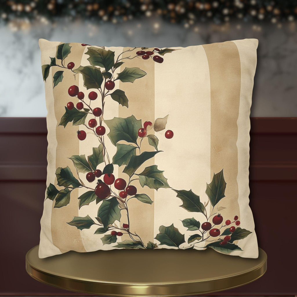 Vintage Style Holly & Stripes Pillow Cover: Classic Christmas Botanical Accent