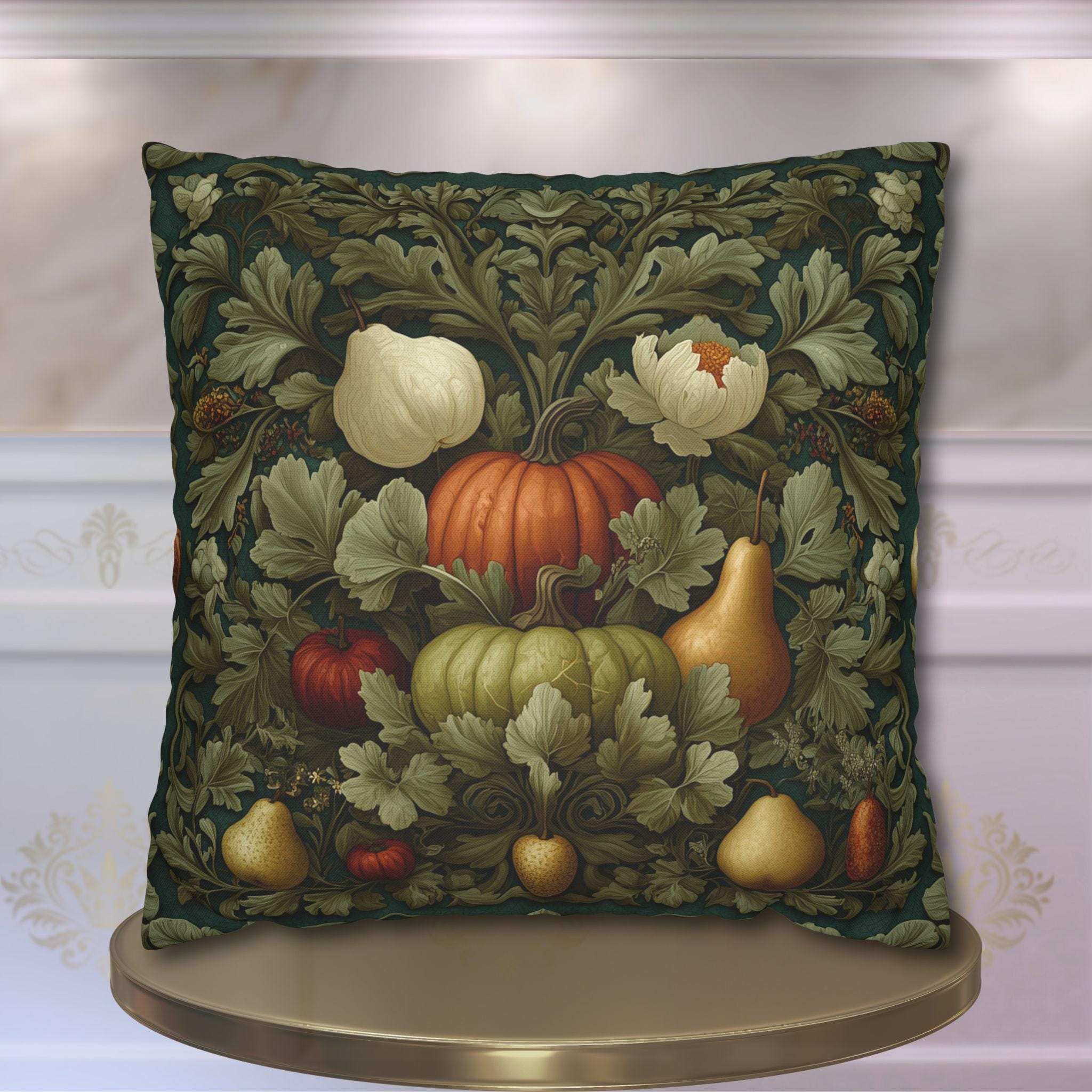William Morris Botanical Fall Throw Pillow Cover: Green Pumpkin Harvest Tapestry Decor for Fall