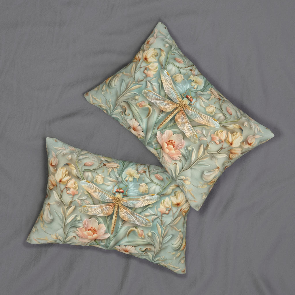 William Morris Inspired Dragonfly Lumbar Pillow: Blue, Gold & Pink Nature Design