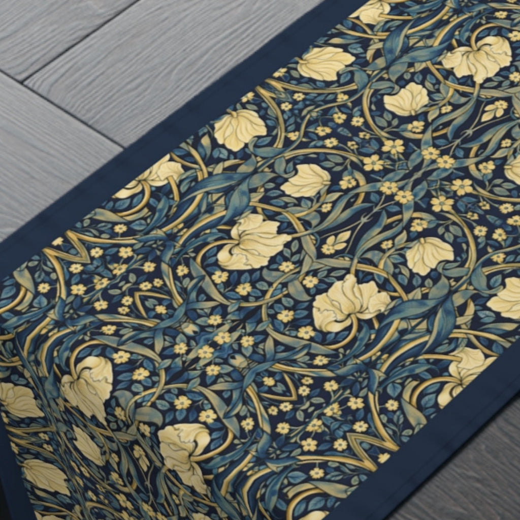 William Morris Table Runner: Navy and Champagne Vintage Pimpernel Reconstructed